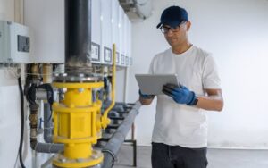 technician inspecting boiler system, reviewing information on a tablet