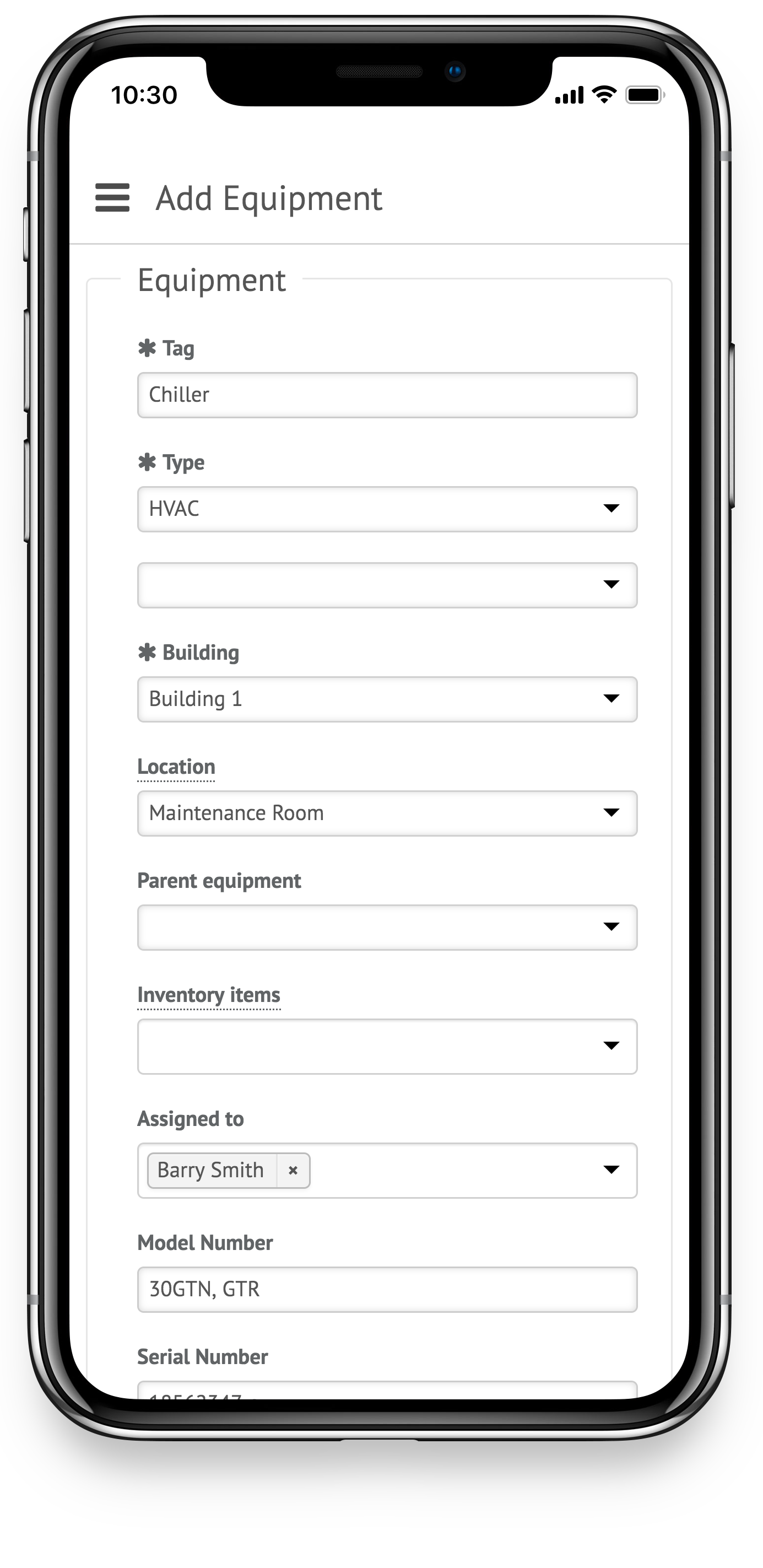 mobile equipment maintenance software on smartphone