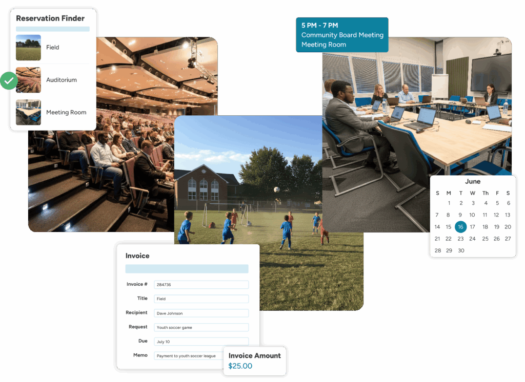 FMX Event Manager provides a reservation finder feature, invoicing, and facility scheduling workflows