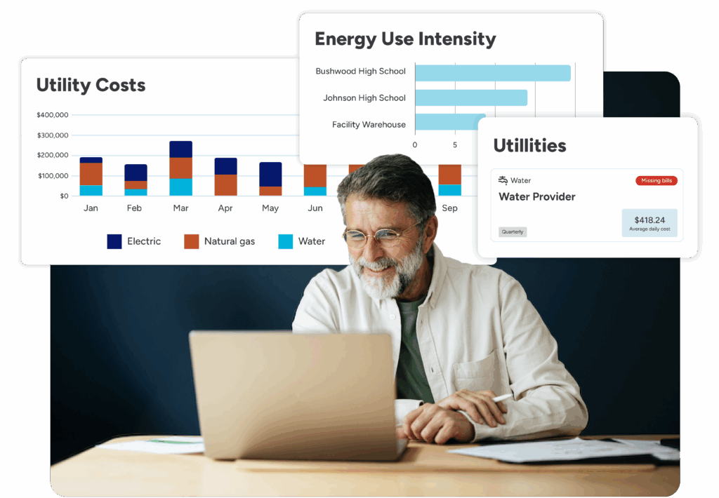 facilities manager using FMX Utility Manager to review utility costs, review energy use intensity, and manage utility providers