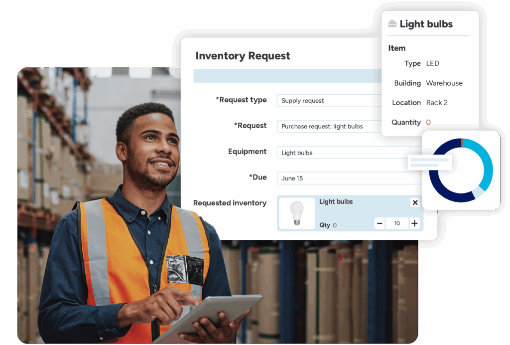 technician using FMX Warehouse Manager to submit an inventory request for LED light bulbs using his tablet