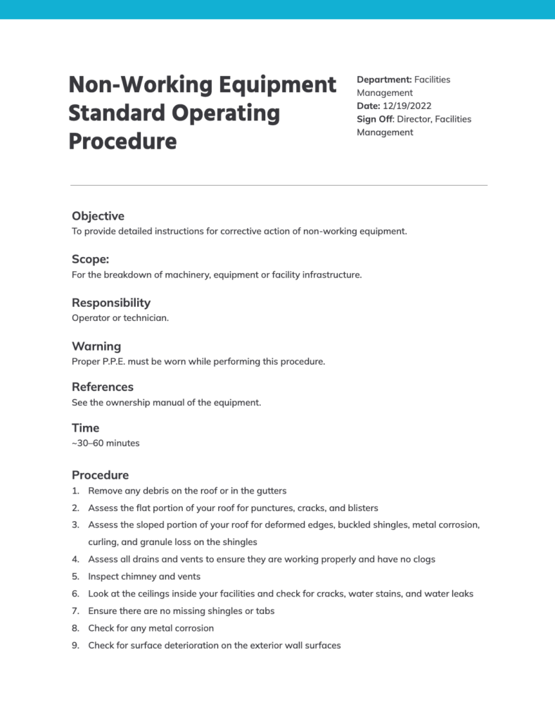 maintenance SOP example: non-working equipment