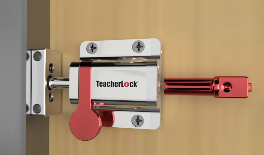 A mid-door barricade in use on a school door