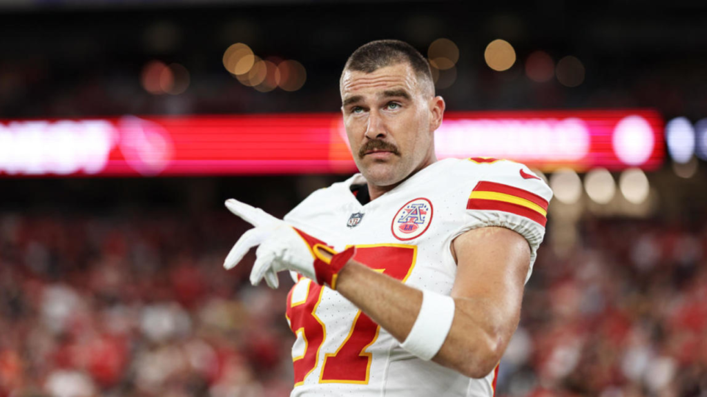 Travis Kelce #87 of the Kansas City Chiefs reacts prior to an NFL preseason football game between the Arizona Cardinals and the Kansas City Chiefs at State Farm Stadium